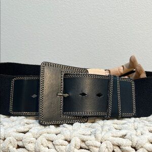 Black Leather Stretch Belt with Large Leather Buckle